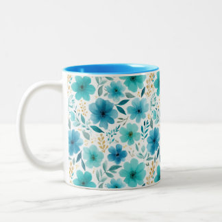 Taza Bicolor Elegante Primavera Flores Azul Acuarela Floral