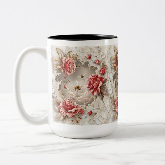 Taza Bicolor Elegantes Rosas 3D, abejas y belleza botánica (Izquierda)