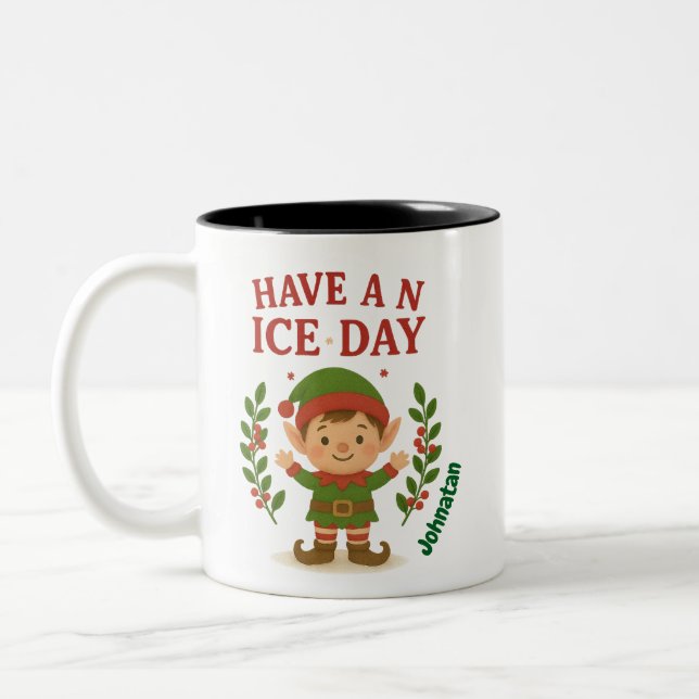 Taza Bicolor Elf Mug, Navidades Cute Personalizados (Izquierda)