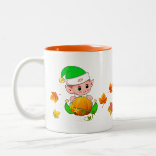 Taza Bicolor Elfo de Acción de Gracias lindo con calabaza y hoj