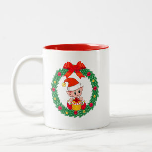 Taza Bicolor Elfo de Navidad Lindo & Corona de Navidad