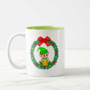 Taza Bicolor Elfo de Navidad verde lindo y corona de Navidad