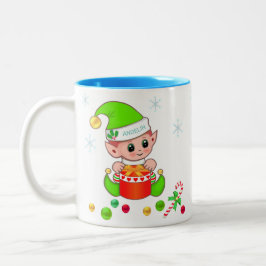 Taza Bicolor elfo de Navidades verdes, copos de nieve y bolas d