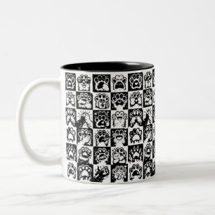 Taza Bicolor Emociones de Pata Kawaii en Cuadrícula Blanco y Ne