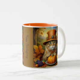 Taza Bicolor Encantador gato festivo de Acción de Gracias disfr