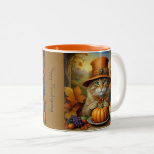 Taza Bicolor Encantador gato festivo de Acción de Gracias disfr