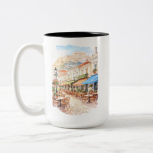 Taza Bicolor Encantadora calle de Atenas Grecia Acuarela