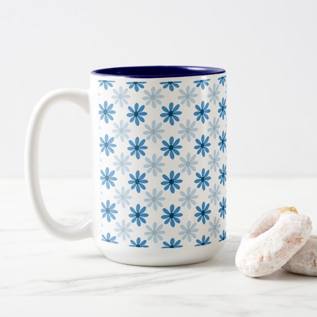 Taza Bicolor Encantadora Flor Azul Moderna (Con donut)