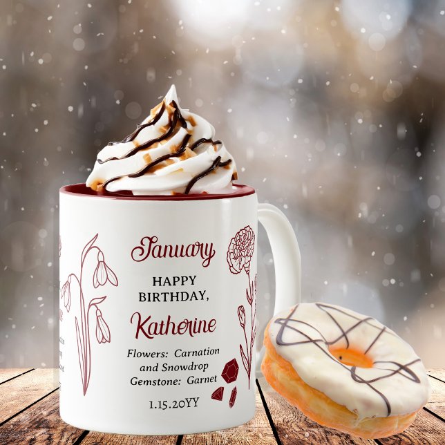 Taza Bicolor Enero Carnación Snowdrop Cumpleaños Keepsake (January Carnation and Snowdrop Floral | Garnet Birthstone Keepsake Two-Tone Coffee Mug)