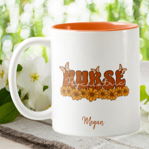 Taza Bicolor Enfermera psiquiátrica Naranja Groovy Floral
