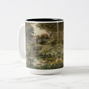 Taza Bicolor Escena botánica de cisnes en un jardín inglés