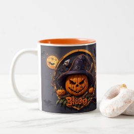 Taza Bicolor Escena de Halloween 3D con calabaza, calavera, bru