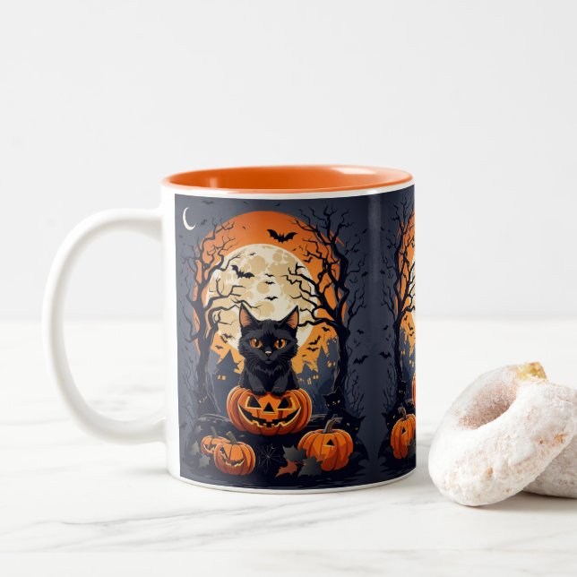 Taza Bicolor escena de halloween con gatos negros (Con donut)