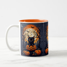Taza Bicolor escena de halloween con gatos negros