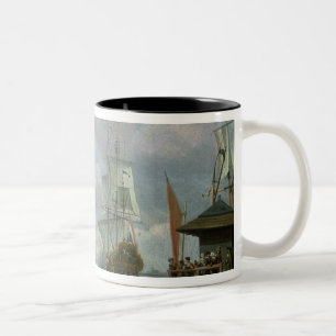 Taza Bicolor Escena del estuario con los barcos y el pescador