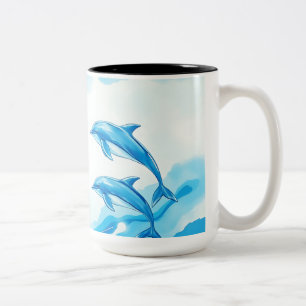 Taza Bicolor Escena oceánica con delfines en acuarela