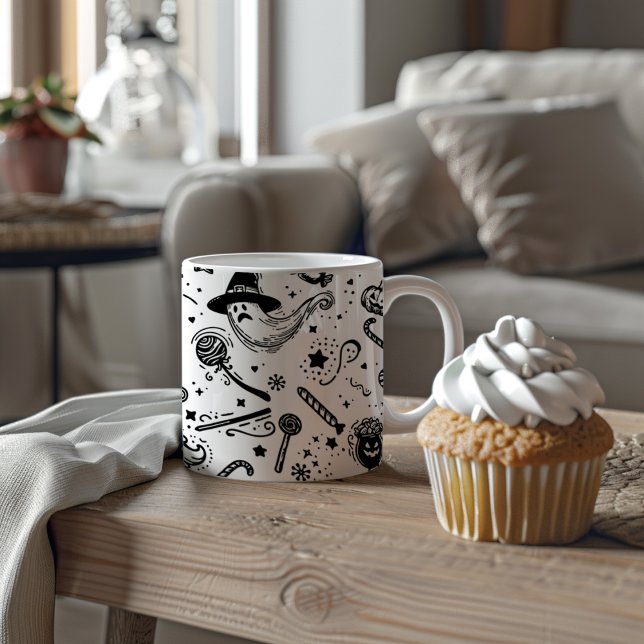 Taza Bicolor Espeluznante Arte De La Línea De Halloween Blanco  (Subido por el creador)
