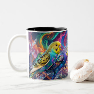 Taza Bicolor Estampa de periquitos vibrantes, valor (semibrillo