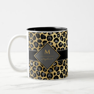 Taza Bicolor Estampado de leopardo con monograma de moda   Negr