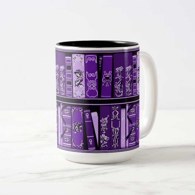 Taza Bicolor Estantes de libros morados libros antiguos (Anverso derecho)
