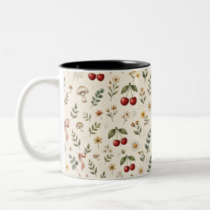 Taza Bicolor Estética Coqueta Cereza Roja y Lazo Rosa Patt