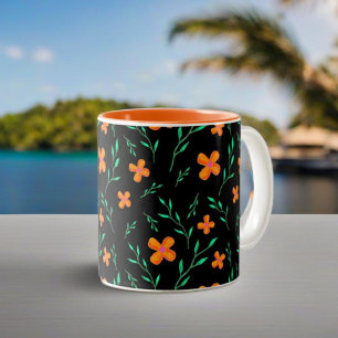 Taza Bicolor Estilo Patrón Floral Acuarela Naranja Negro