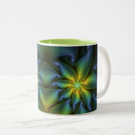 Taza Bicolor Estrella abstracta, brillante arte azul verde dora