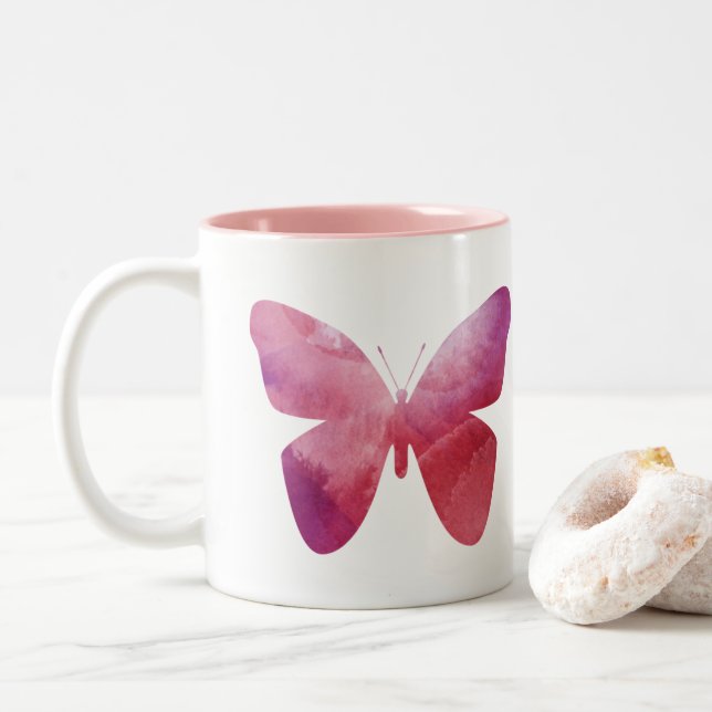 Taza Bicolor Extraña libertad de mariposa rosa (Con donut)