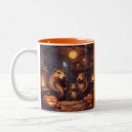 Taza Bicolor Familia de castores caprichosos en Halloween