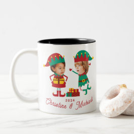 Taza Bicolor Familia Elf de Navidades de fotos de caras diverti