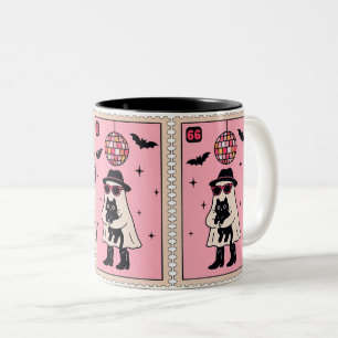 Taza Bicolor Fantasma retro disco con sello de Halloween de gat