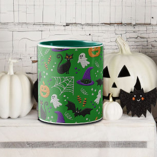 Taza Bicolor Fantasmas de gatos negros murmuran patrón verde Ha