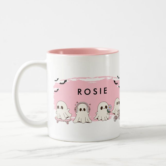 Taza Bicolor Fantasmas rosadas adorables monograma Halloween Mu (Izquierda)