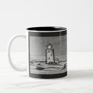 Taza Bicolor Faro dibujado a mano con rocas escena pacífica