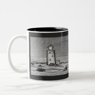 Taza Bicolor Faro dibujado a mano con rocas escena pacífica