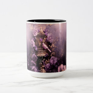 Taza Bicolor Fe Esperanza Amor, Vintage Pájaro y Floral