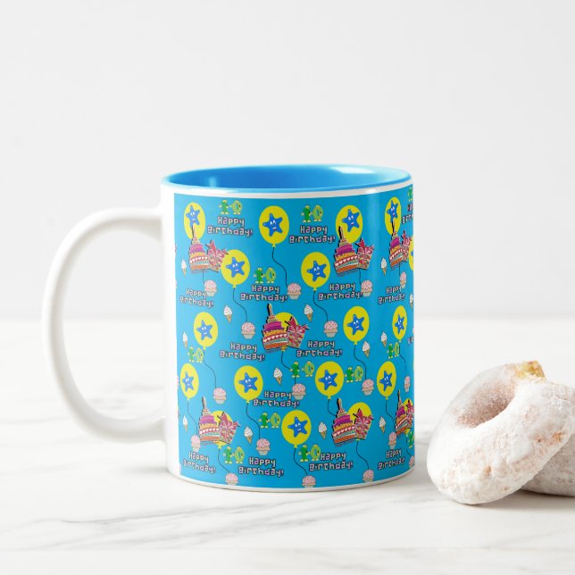 Taza Bicolor Felices 10 años, Mug Balones #10 Azul (Con donut)