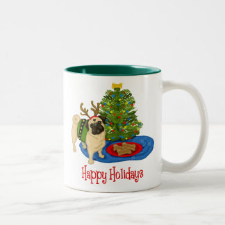 Taza Bicolor Felices fiestas Navidades reno Pug Mugs