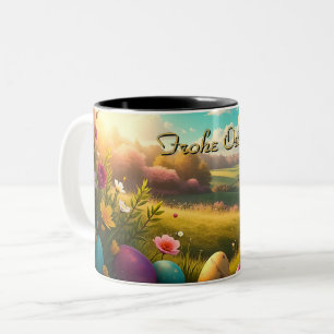 Taza Bicolor Felices Pascuas en un paisaje primaveral