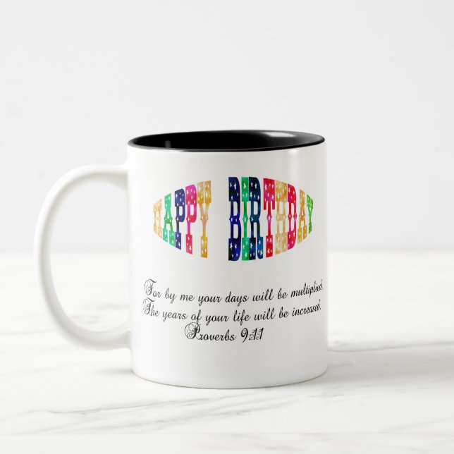 Taza Bicolor Felices proverbios de cumpleaños 9:11 versículo de (Izquierda)