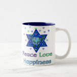 Taza Bicolor Felicidad del amor de la paz<br><div class="desc">Los corazones,  la estrella de David,  y las palabras "felicidad del amor de la paz" son una manera preciosa de decir Jánuca feliz.</div>