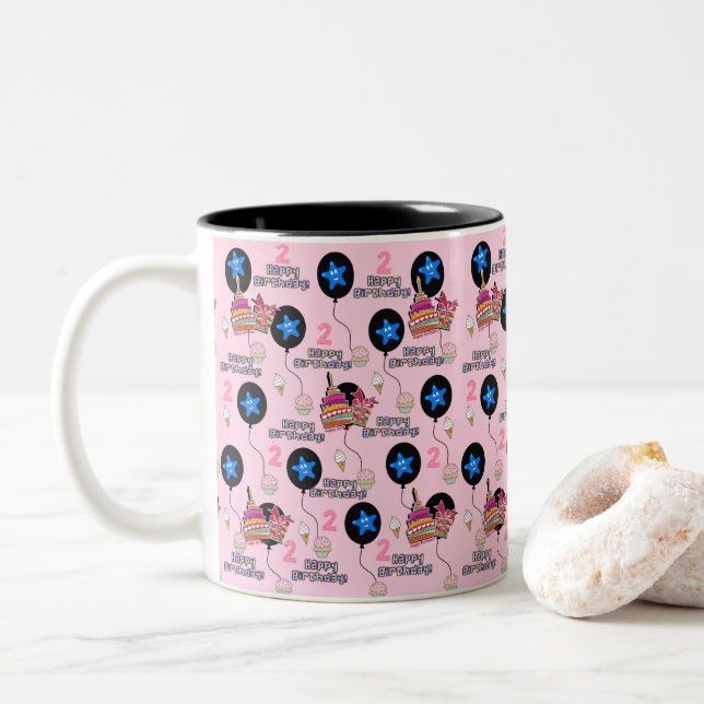 Taza Bicolor Feliz 2do cumpleaños Mug Balloons #2 Rosa (Con donut)