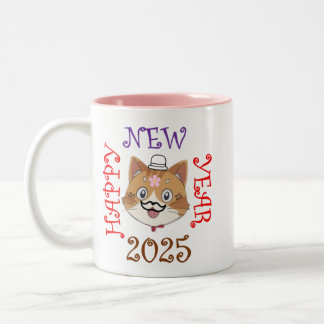 Taza Bicolor Feliz Año Nuevo 2025 con un gato alegre