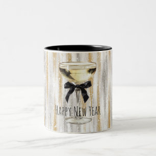 Taza Bicolor Feliz Año Nuevo Arco Negro Oro Plata Champán