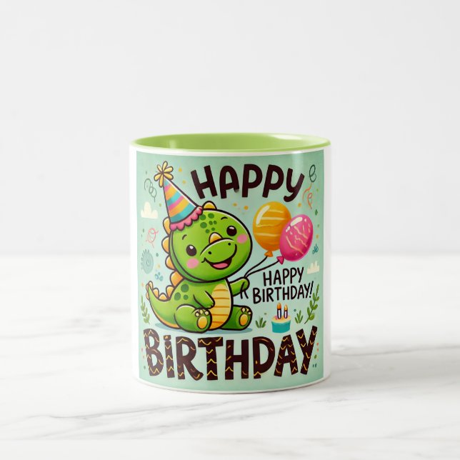 Taza Bicolor Feliz cumpleaños, Cute Dino Roar (Centro)