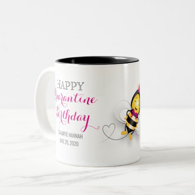 Taza Bicolor Feliz cumpleaños de cuarentena con abeja feliz (Anverso izquierdo)