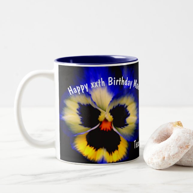 Taza Bicolor Feliz cumpleaños mamá Pansy Flor personalizada (Con donut)