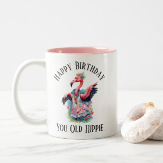 Taza Bicolor Feliz Cumpleaños Viejo Hippie Retro de los Setenta