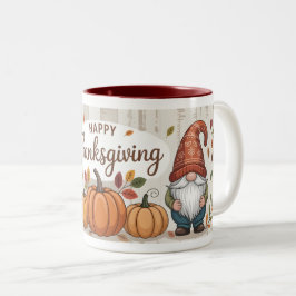 Taza Bicolor Feliz Día de Acción de Gracias, gnomos y calabazas