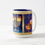 Taza Bicolor Feliz feriado judío en Hanukkah Hermosa<br><div class="desc">Feliz Hanukkah Hermosa festividad judía de café tazón y diseño de la copa. Fondo de Hanukkah de vacaciones judías con símbolos tradicionales de Chanukah - dreidels de madera (hilando arriba), donuts, menorah, velas, estrella de David y papel tapiz de luces brillantes, patrón decorativo para Hogar, Cocina y Comedor, Drinkware, Mugs...</div>